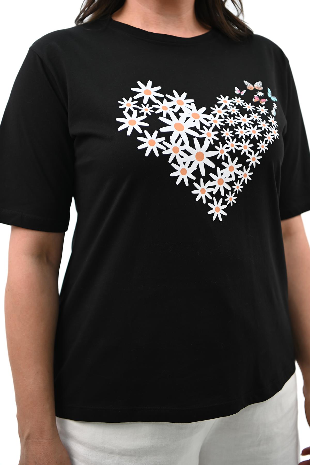 Kadın Büyük Beden Kalp şeklinde Papatya Baskılı T-Shirt 1575-23