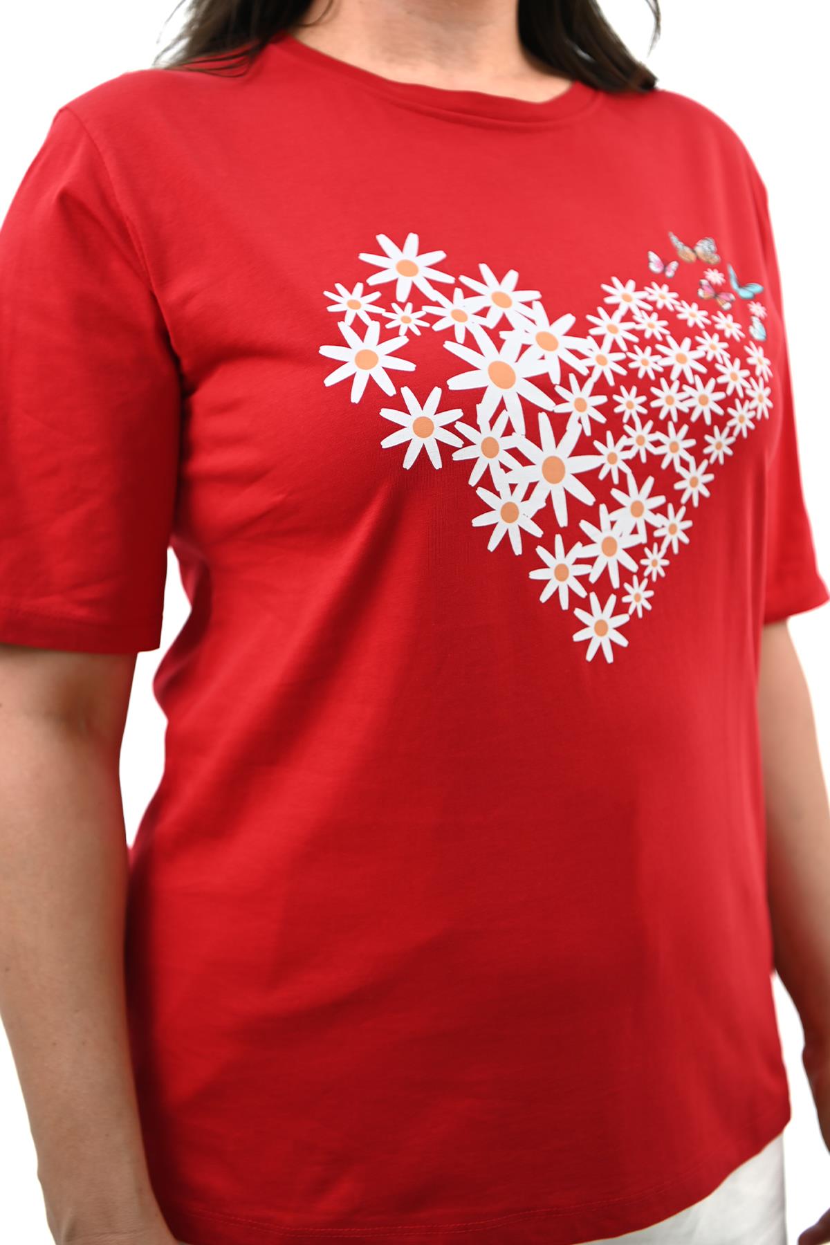 Kadın Büyük Beden Kalp şeklinde Papatya Baskılı T-Shirt 1575-23