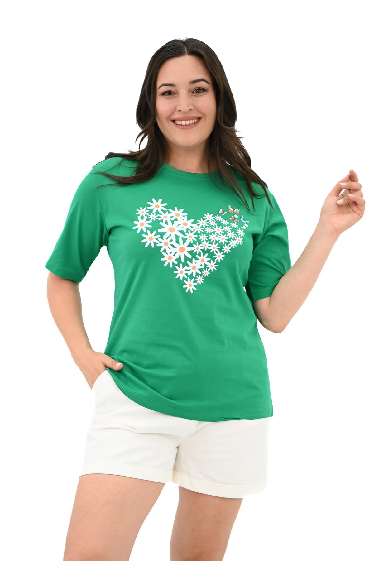 Kadın Büyük Beden Kalp şeklinde Papatya Baskılı T-Shirt 1575-23