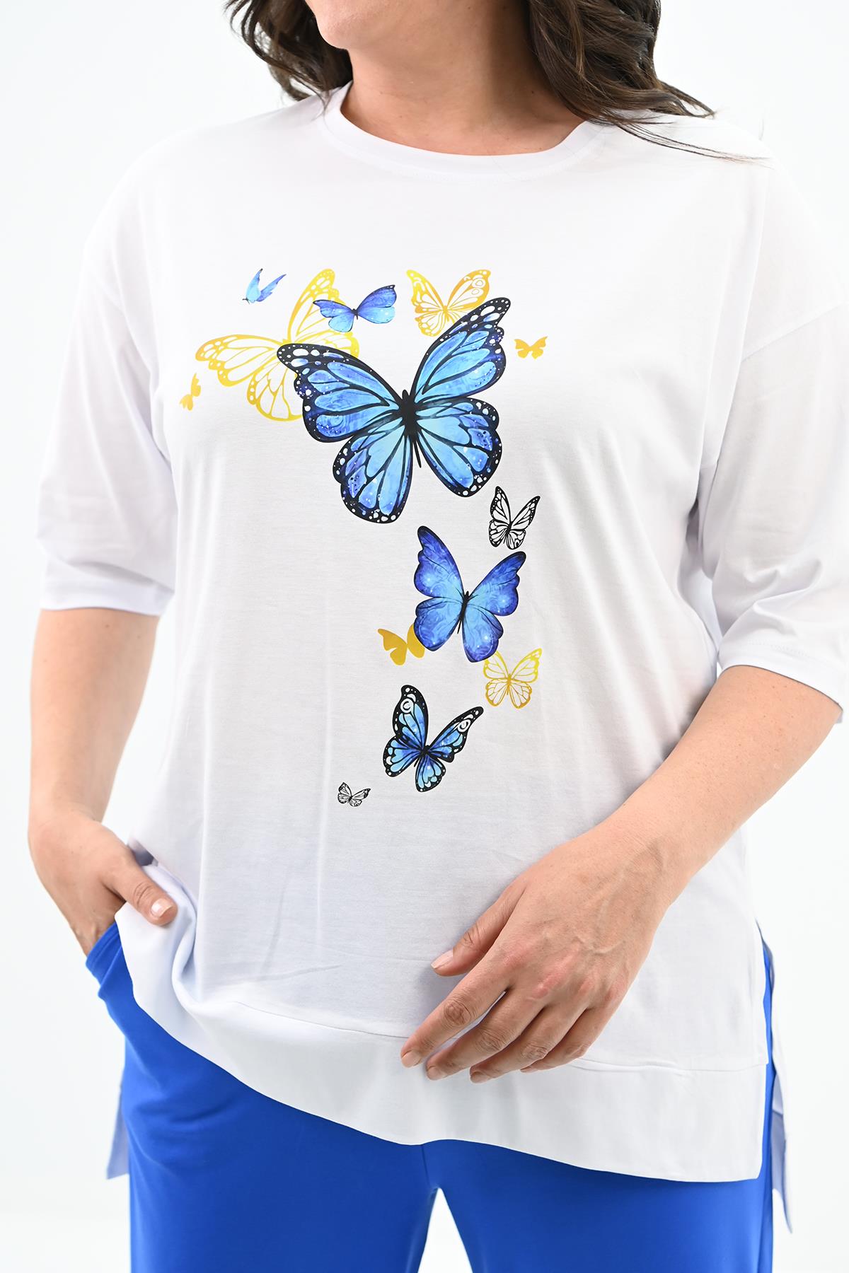 Kadın Büyük Beden Kelebek Baskı Detaylı T-shirt Takım 8114-25