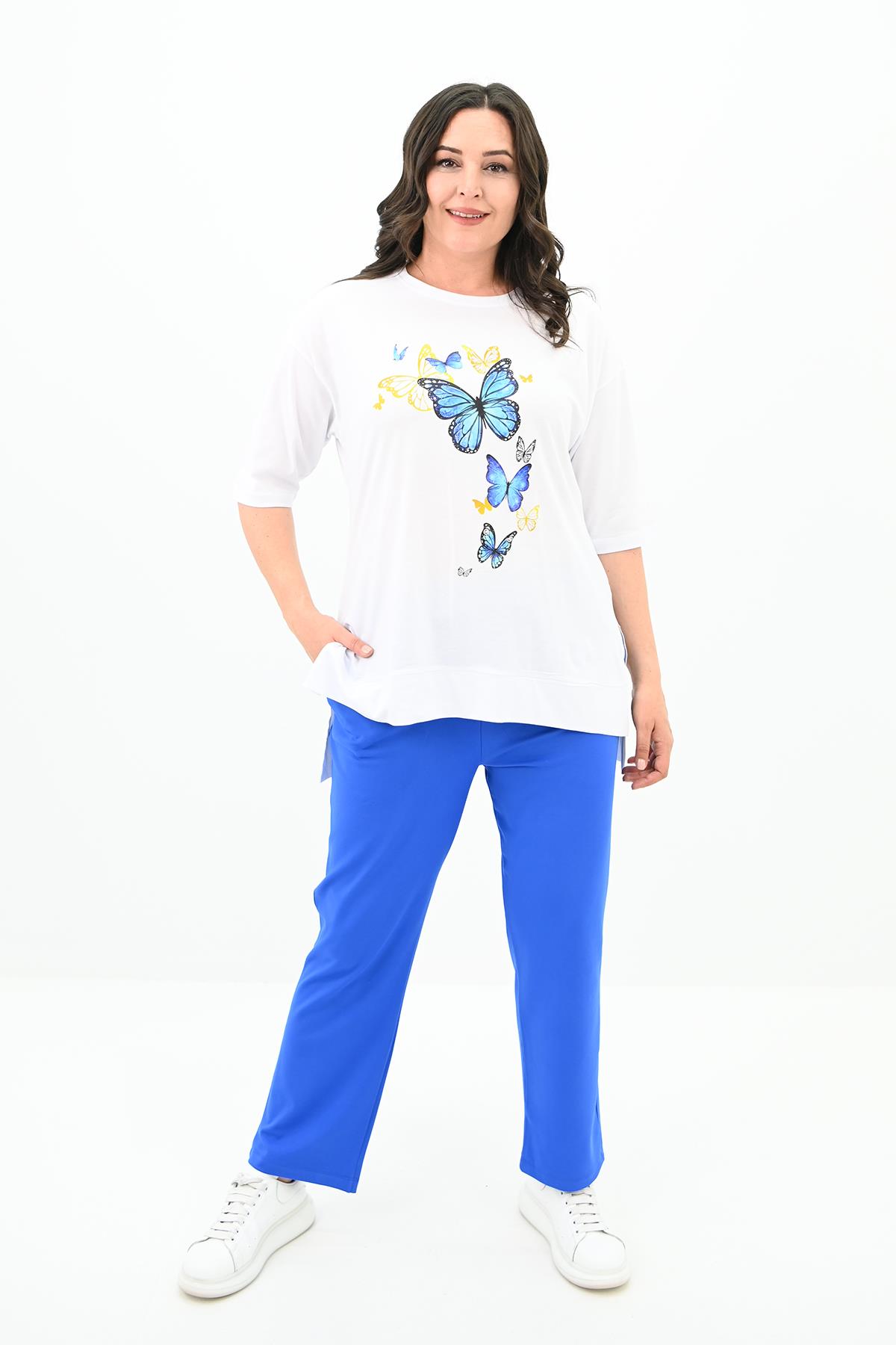 Kadın Büyük Beden Kelebek Baskı Detaylı T-shirt Takım 8114-25