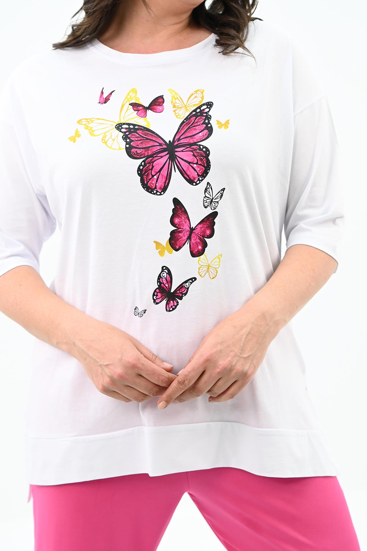 Kadın Büyük Beden Kelebek Baskı Detaylı T-shirt Takım 8114-25