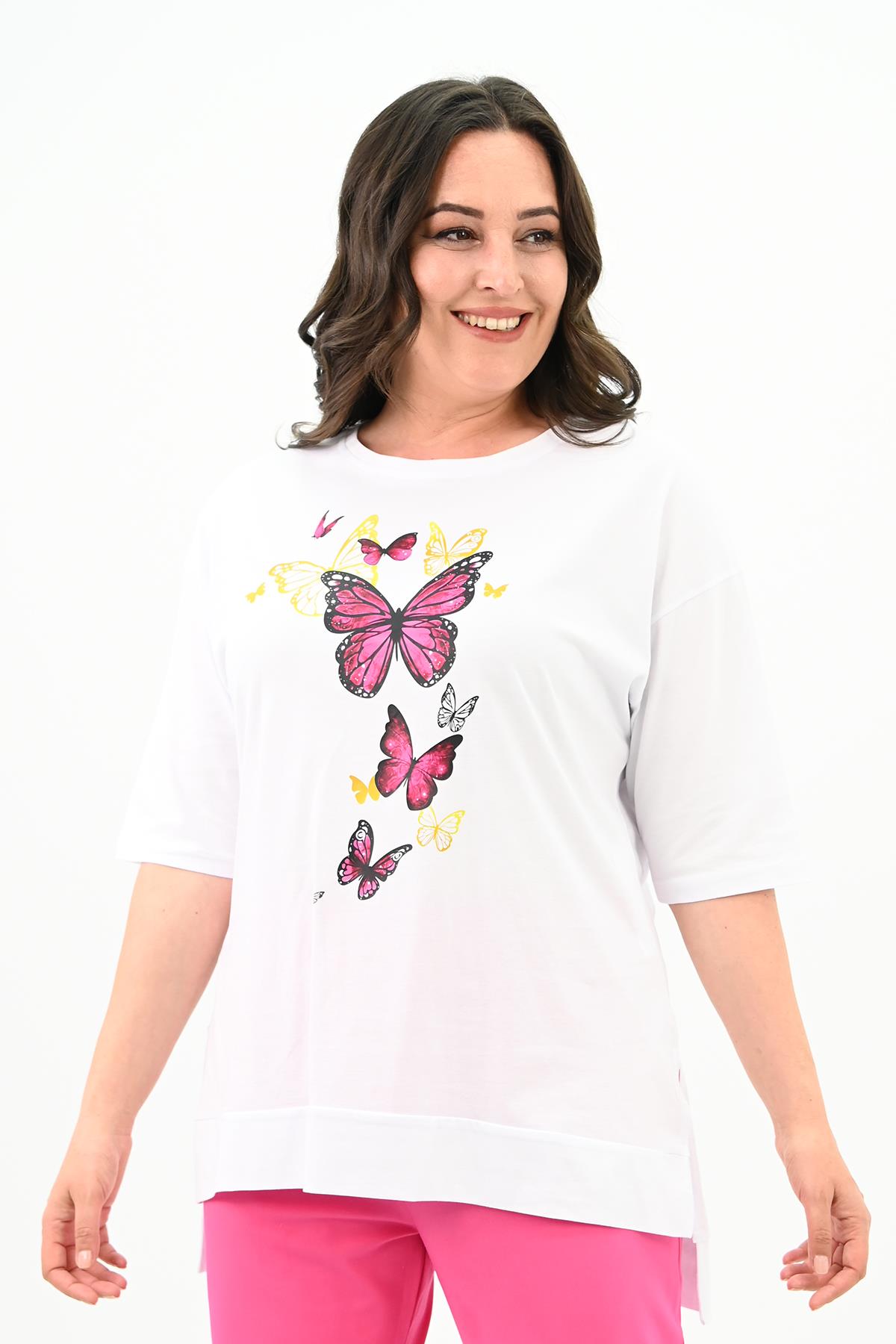 Kadın Büyük Beden Kelebek Baskı Detaylı T-shirt Takım 8114-25