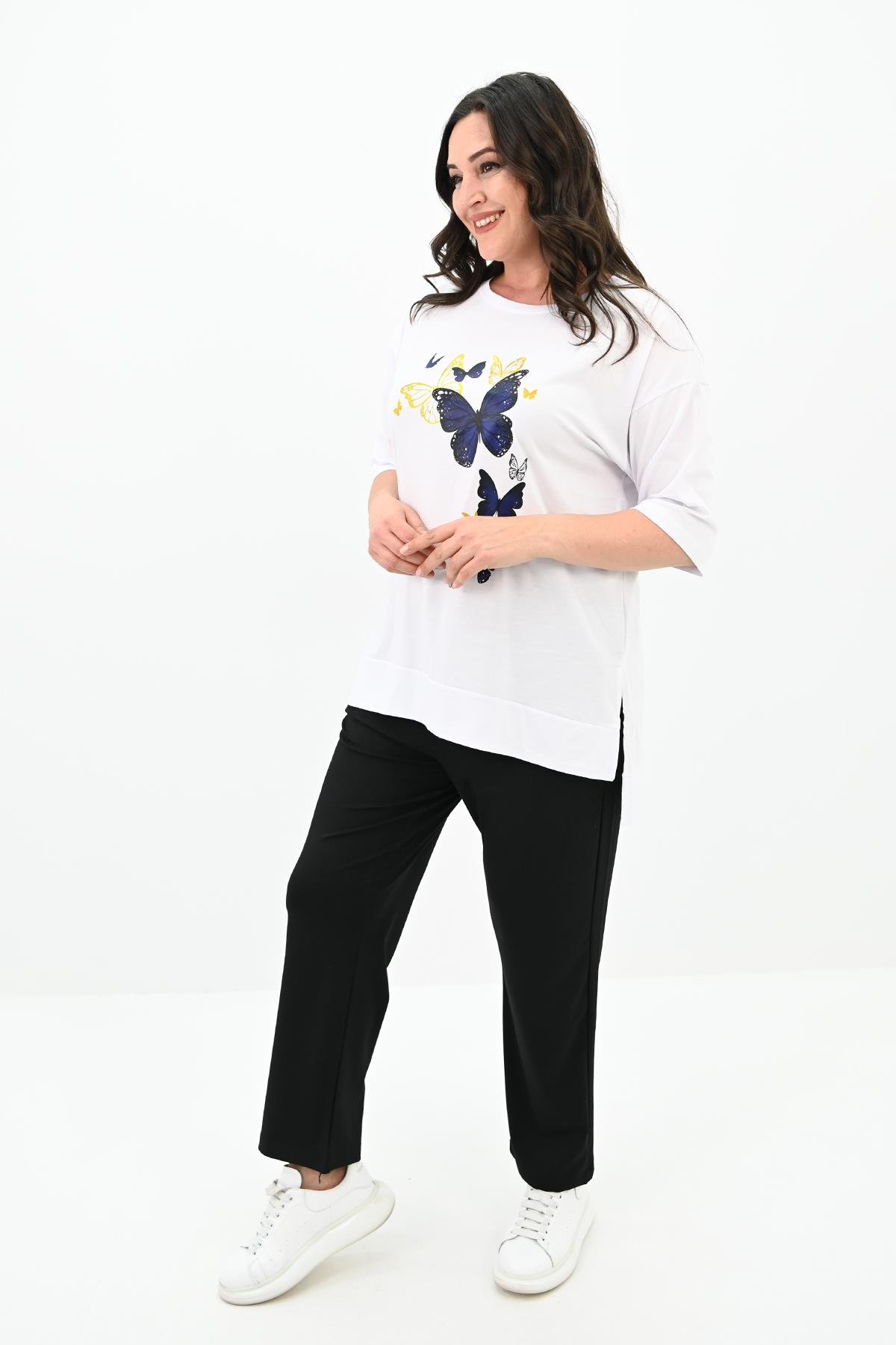 Kadın Büyük Beden Kelebek Baskı Detaylı T-shirt Takım 8114-25