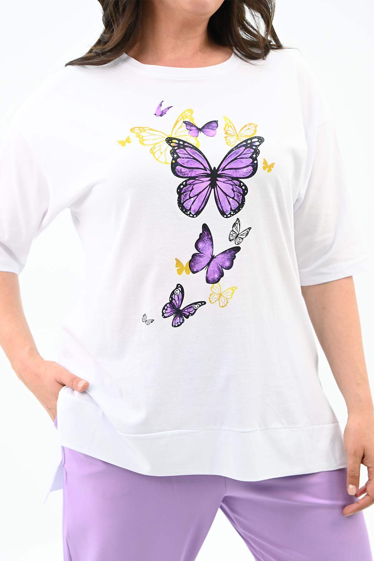 Kadın Büyük Beden Kelebek Baskı Detaylı T-shirt Takım 8114-25