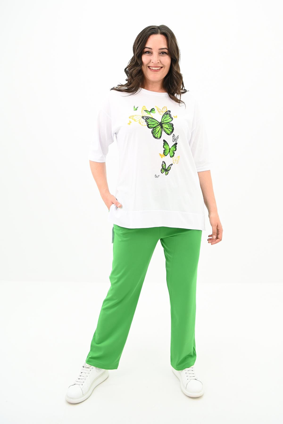 Kadın Büyük Beden Kelebek Baskı Detaylı T-shirt Takım 8114-25