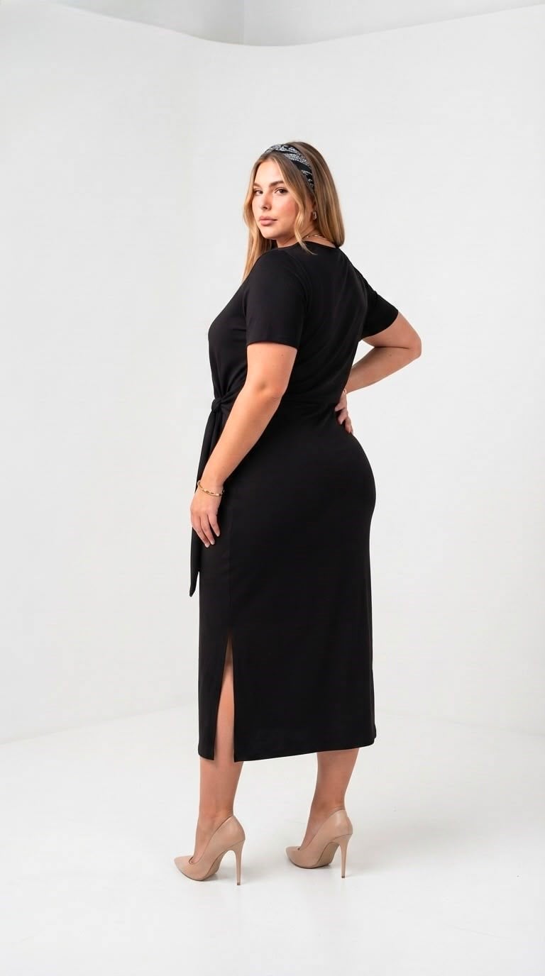 Kadın Büyük Beden Kısa Kollu Bel Bağlama Detaylı Elbise 5303-25