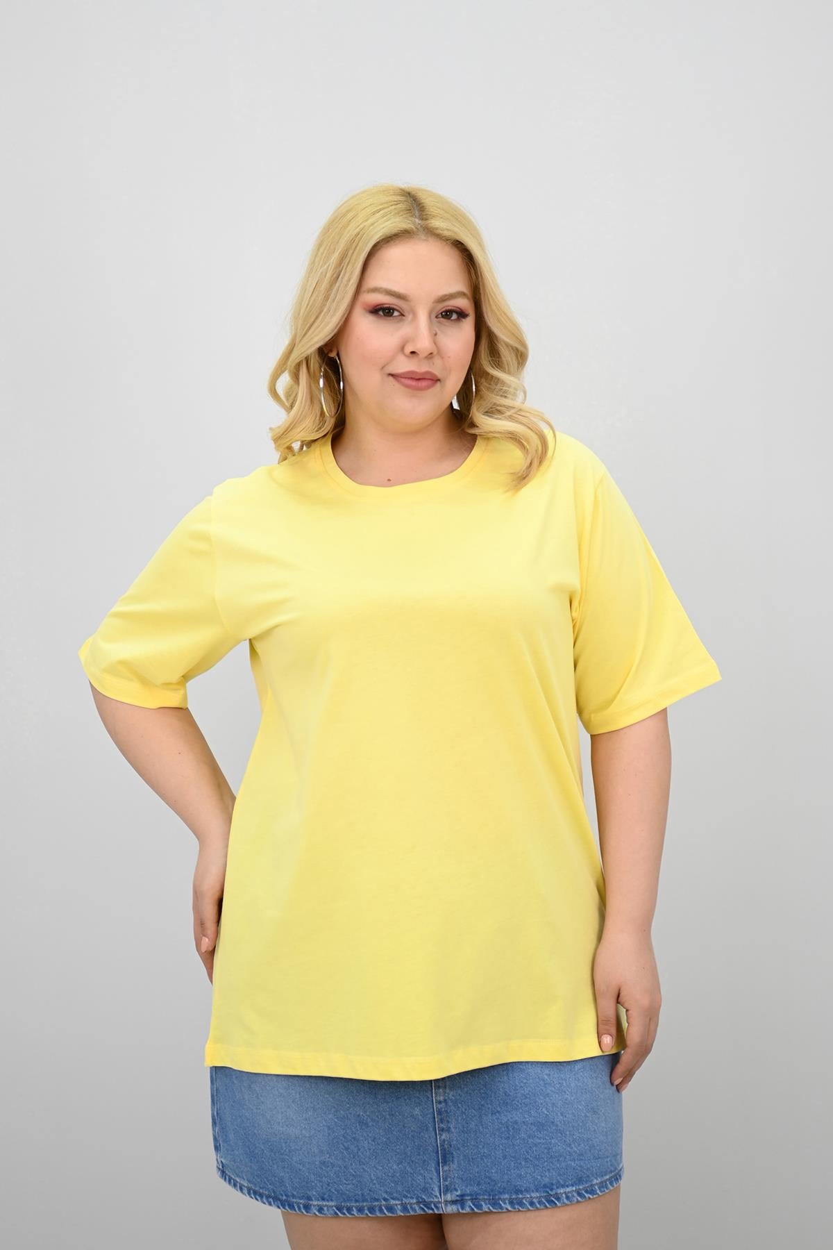 Kadın Büyük Beden Kısa Kollu Bisiklet Yaka Oversize T-shirt 1963-25