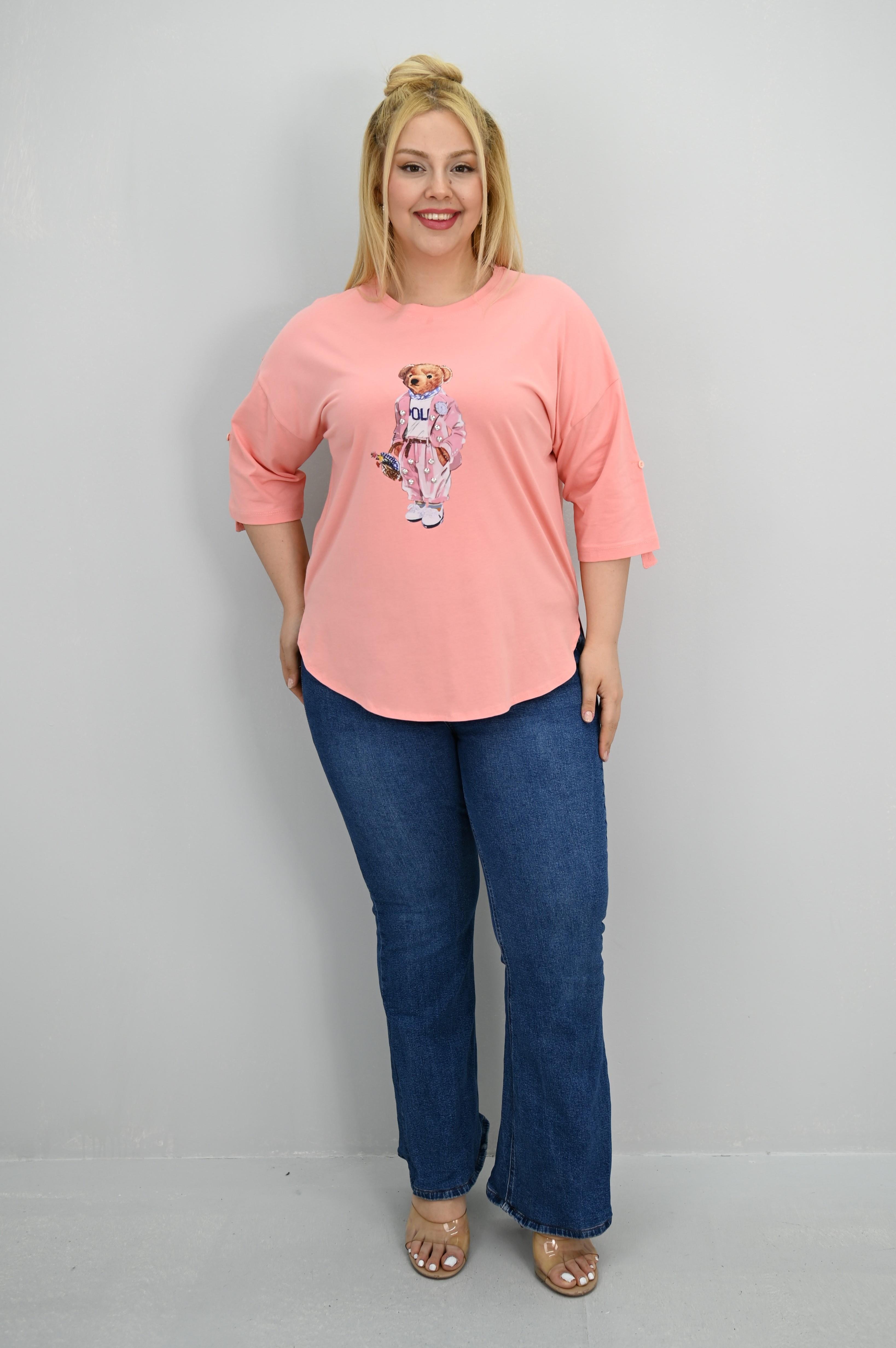 Kadın Büyük Beden Kısa Kollu Taş Detaylı Ayı Baskılı Oversize T-shirt 1926-25