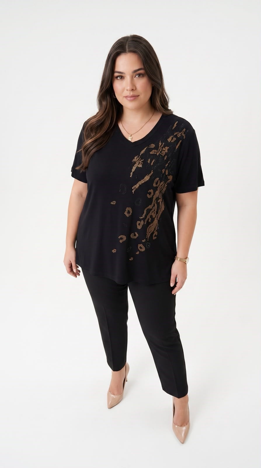 Kadın Büyük Beden Kısa Kollu V Yaka Taş Baskılı Viskon Bluz 2042-26