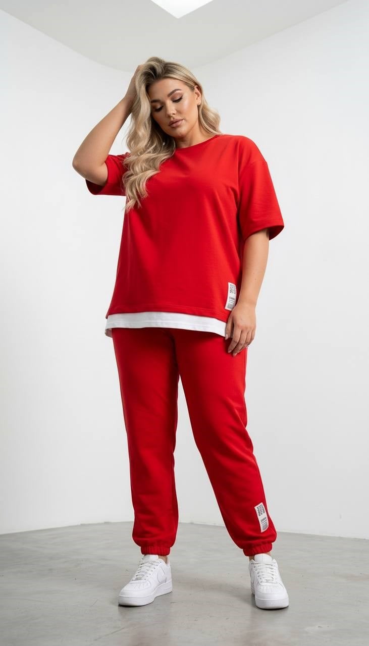 Kadın Büyük Beden Kısa Kollu Yanı Etiket Detaylı Eşofman Takımı 8270-26