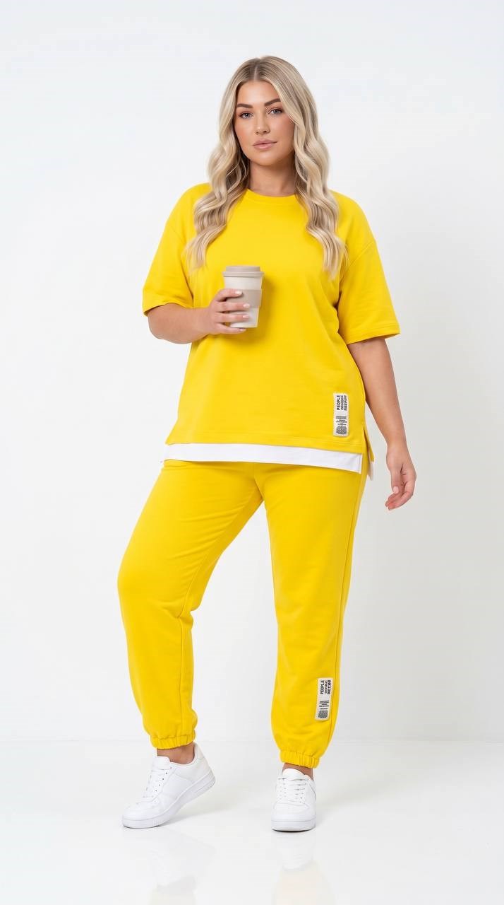 Kadın Büyük Beden Kısa Kollu Yanı Etiket Detaylı Eşofman Takımı 8270-26