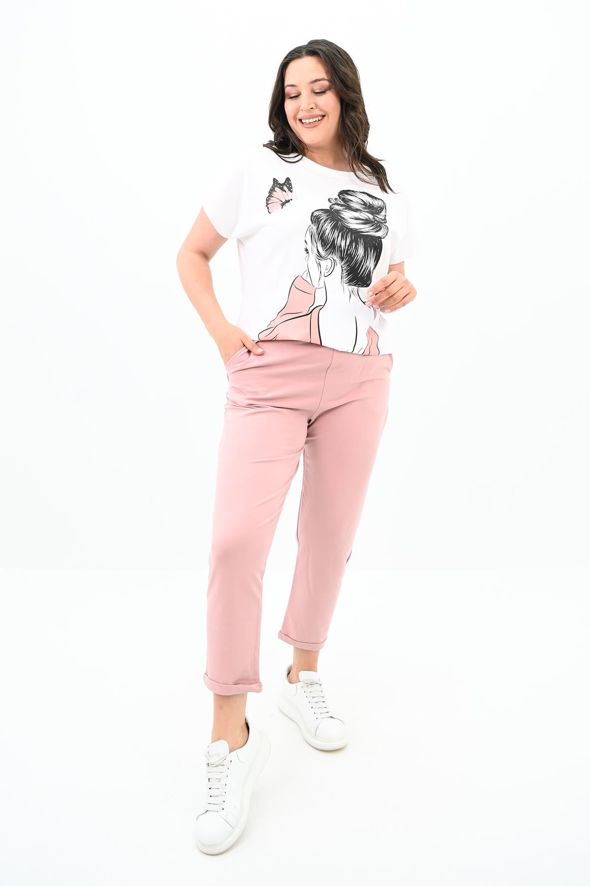 Kadın Büyük Beden Kız Baskılı T-shirt Takım 3800-23