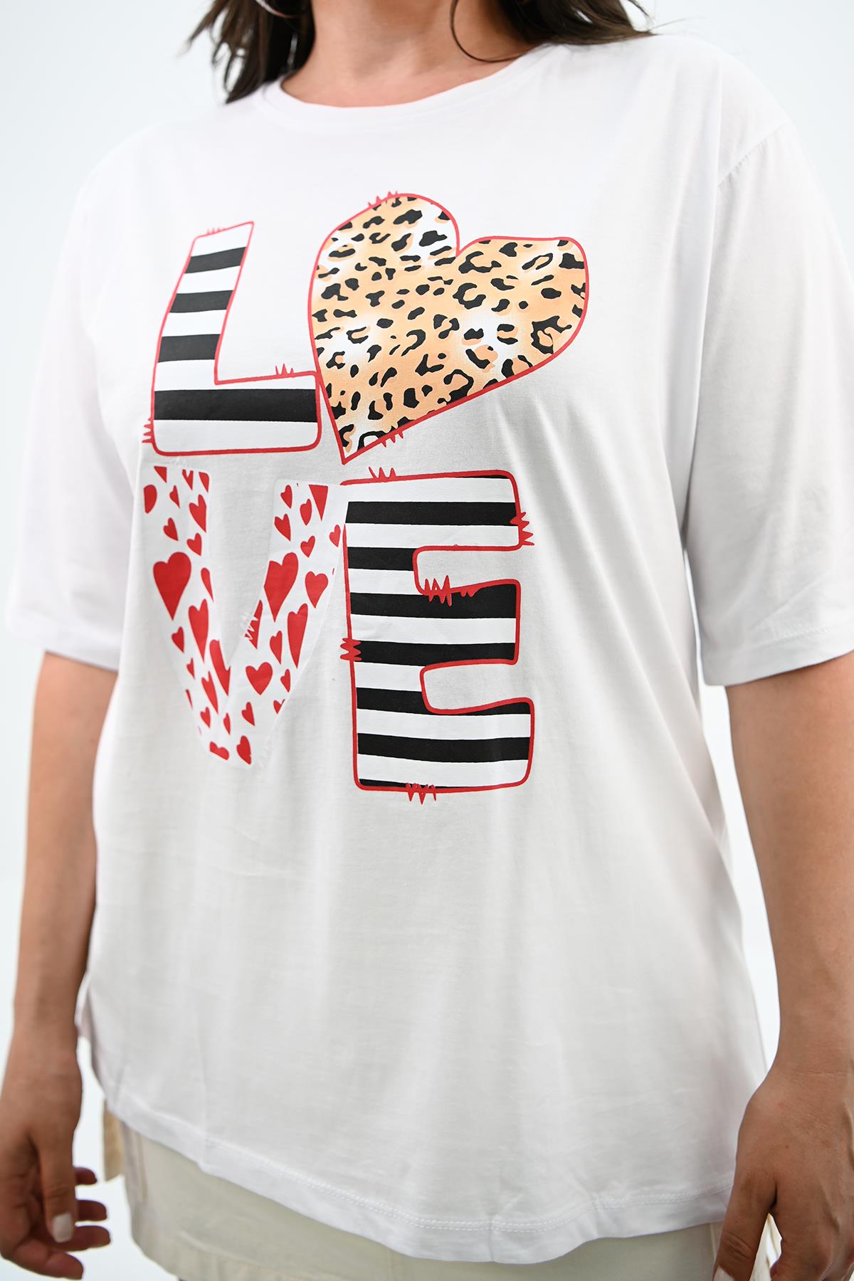 Kadın Büyük Beden Love Baskılı T-Shirt 1577-23