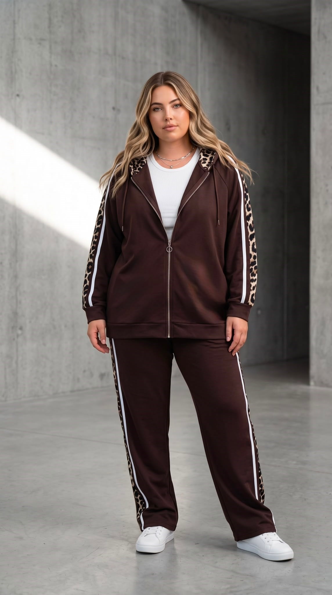 Kadın Büyük Beden Uzun Kollu Kapüşonlu Leopar Detaylı Eşofman Takımı 8284-26