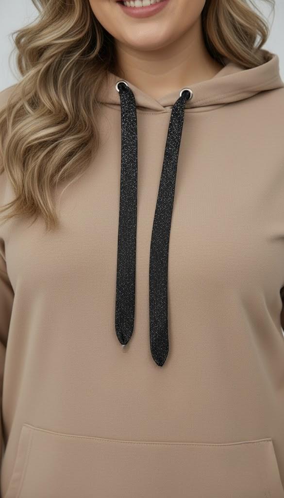 Kadın Büyük Beden Uzun Kollu Kapüşonlu Kanguru Cepli Sweatshirt 2016