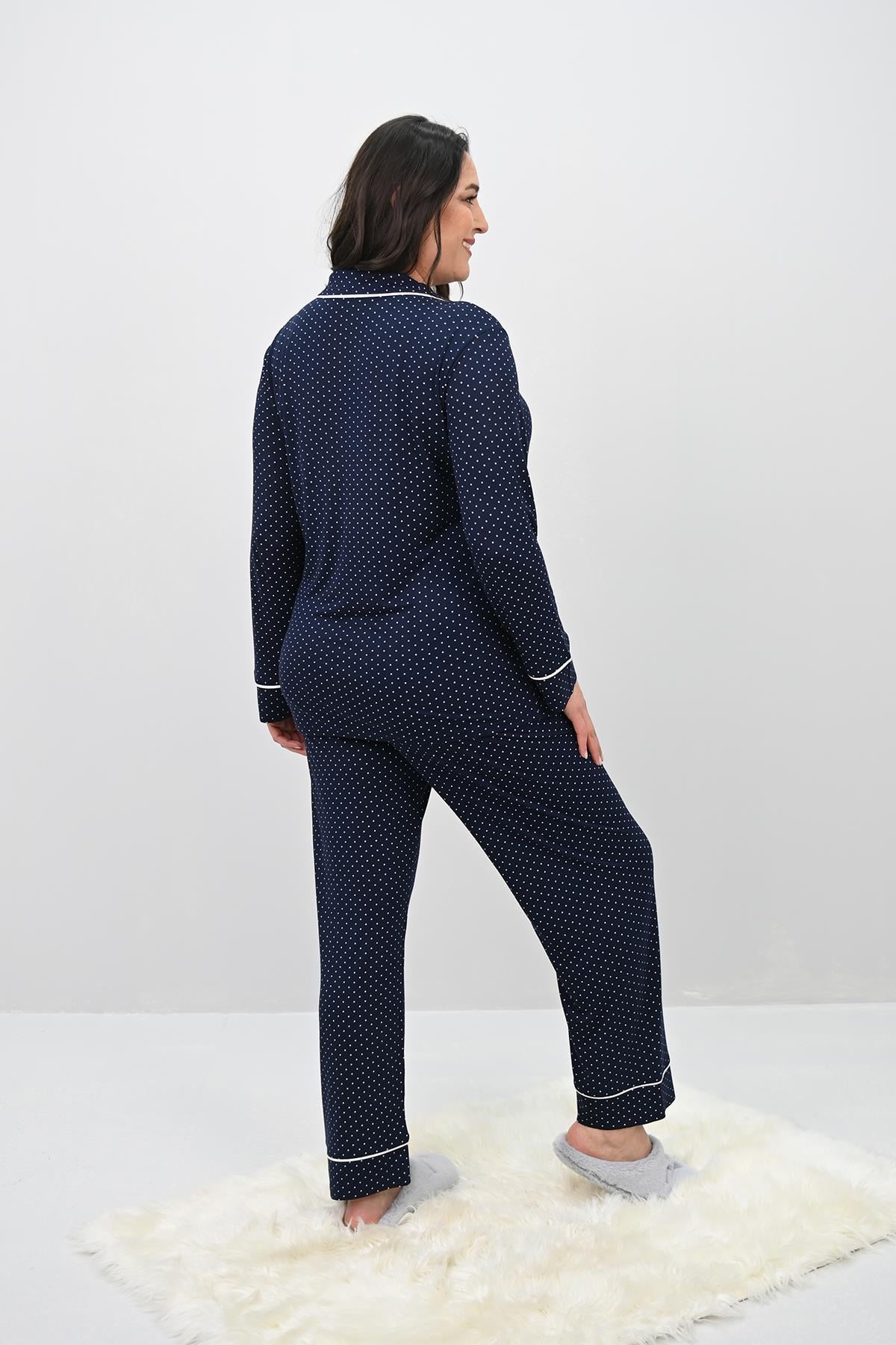 Kadın Büyük Beden Uzun Kollu Önden Düğmeli Pijama Takımı 4234-25