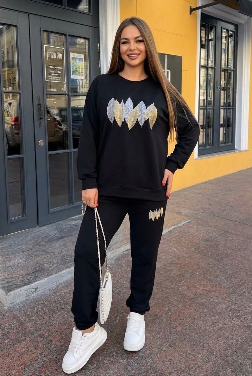 Kadın Büyük Beden Uzun Kollu Yaprak Desenli Eşofman Takımı 8301-27