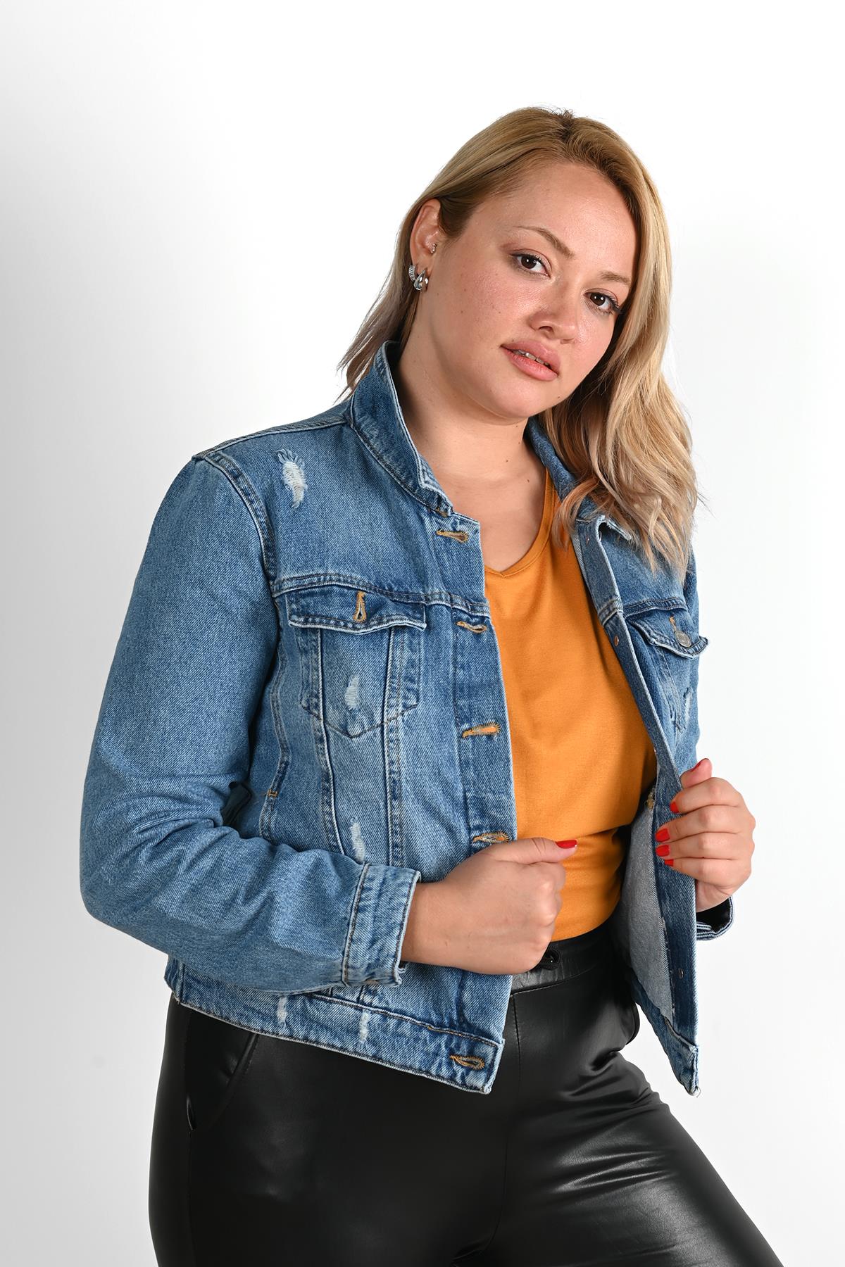 Kadın Düğmeli Crop Kot Ceket 4406-24