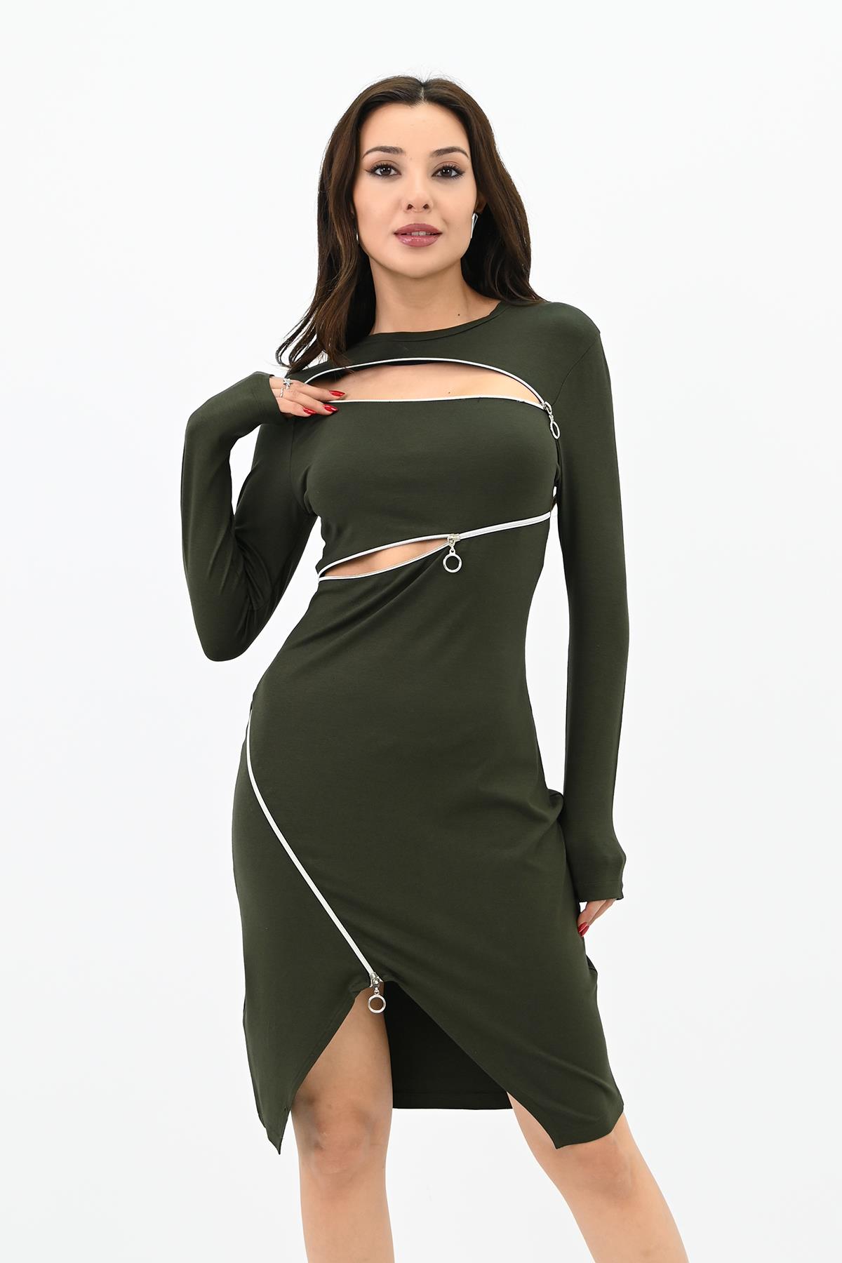 Kadın Fermuar Dekolteli Mini Elbise 5199-24