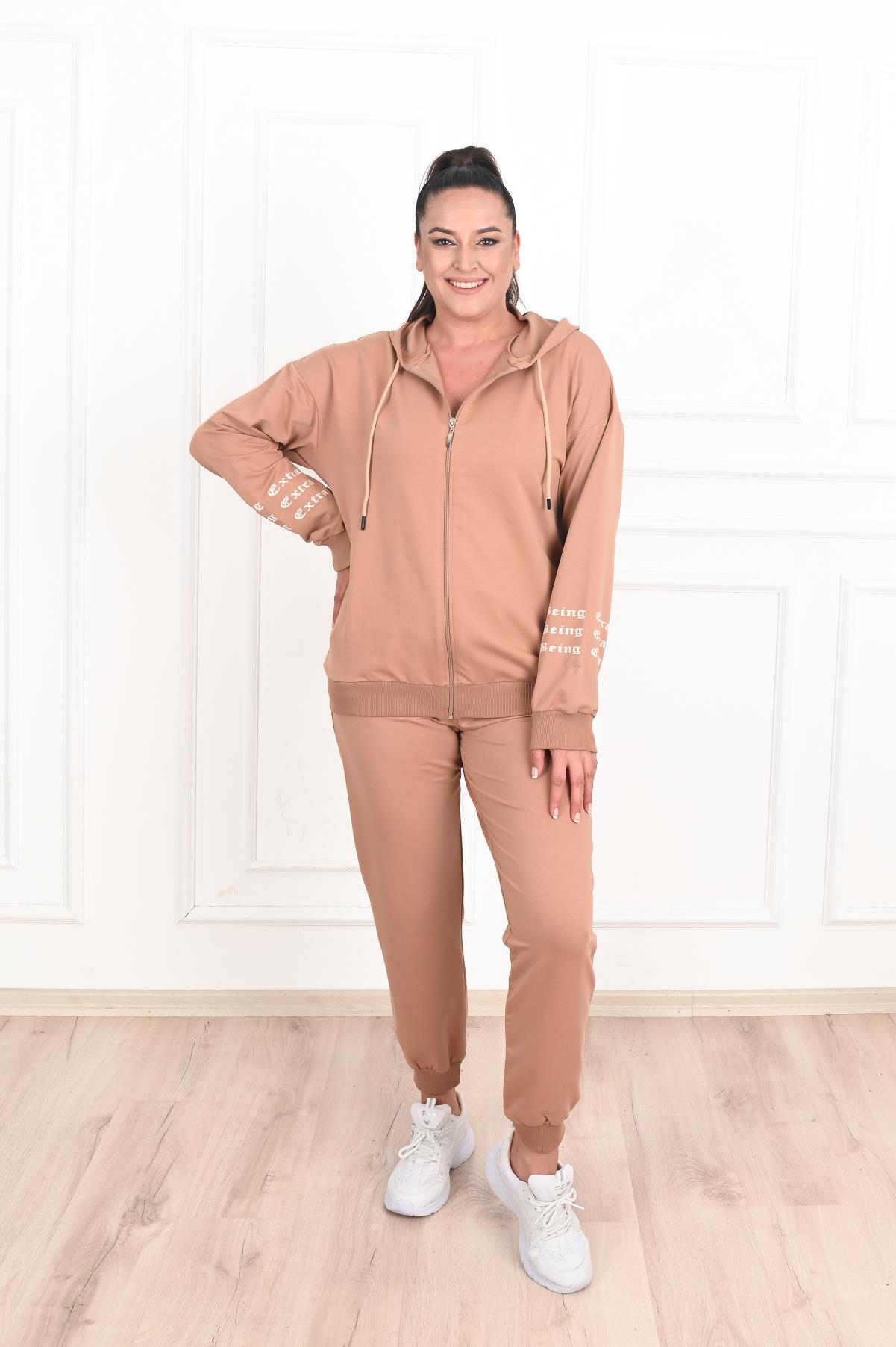Kadın Fermuarlı Kapüşonlu Baskı Detaylı Büyük Beden Eşofman Takımı 3458-23