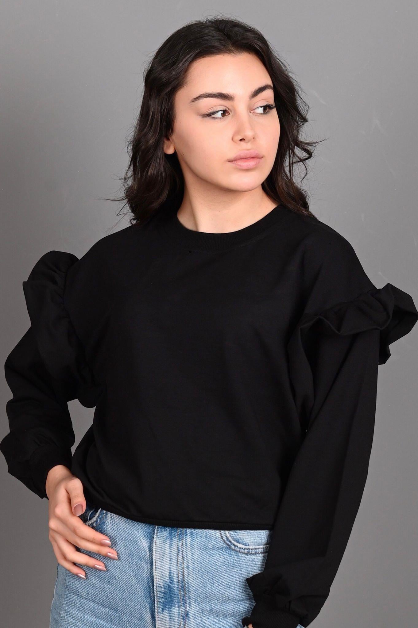 Kadın Fırfır Detaylı Balon Kol Sweatshirt 9127