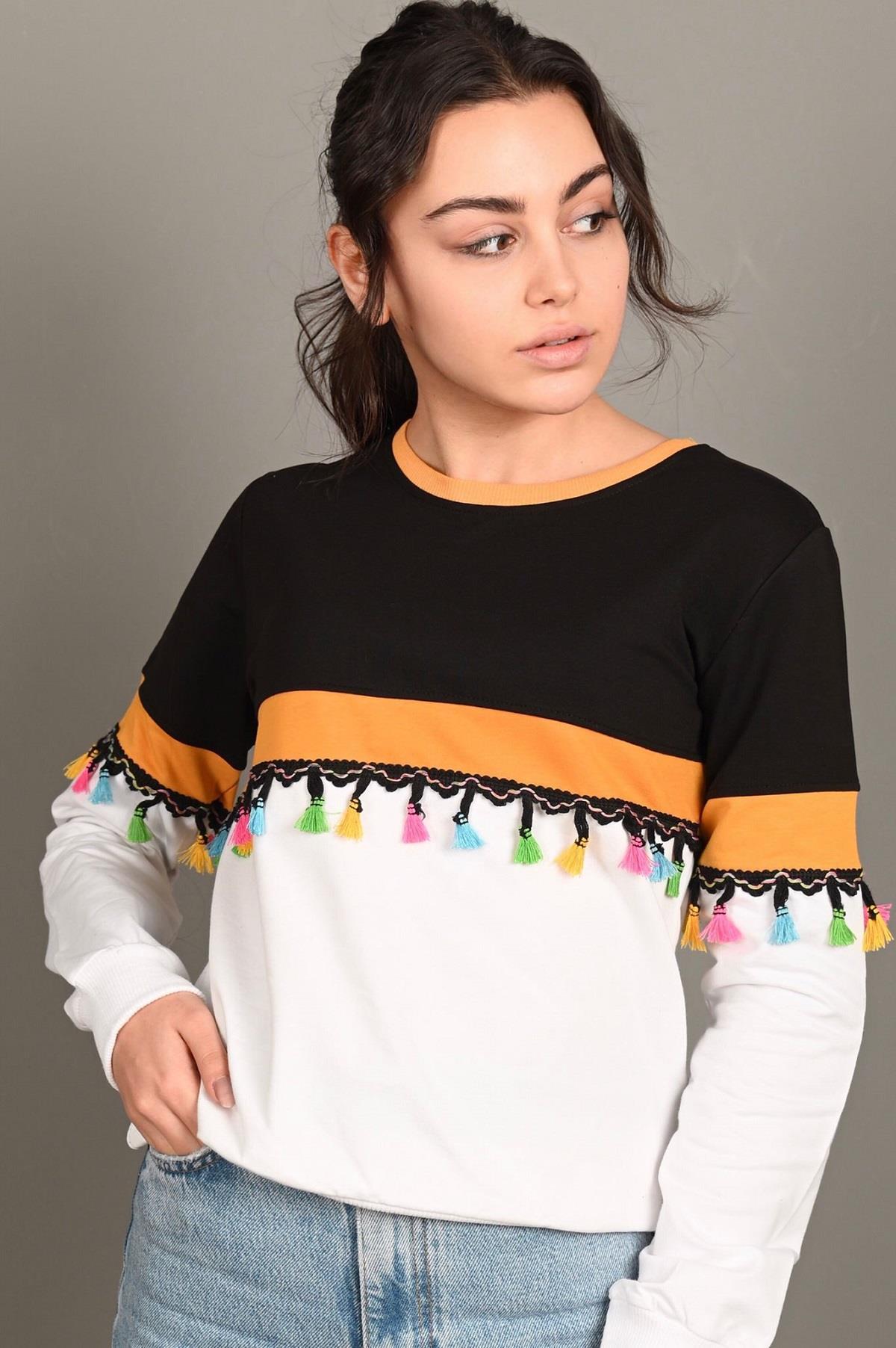 Kadın Garnili Püskül Detaylı Sweatshirt 2025