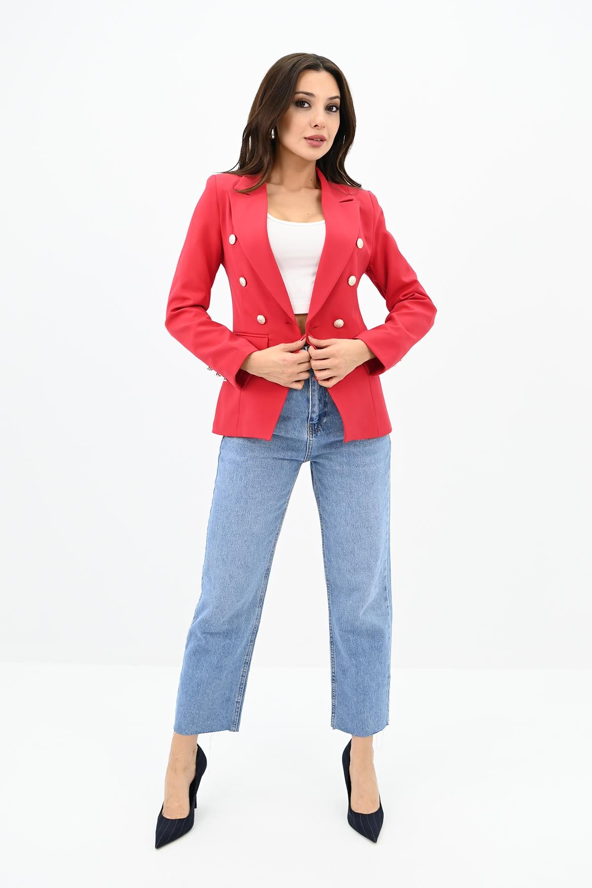 Kadın Gold Düğme Detaylı Blazer Ceket 0109-23
