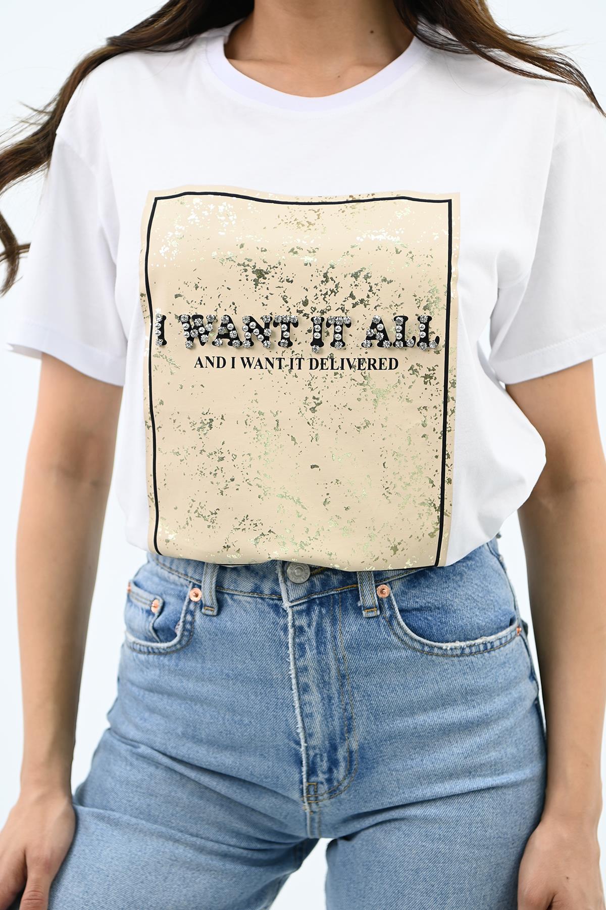 Kadın Gold Taş Baskılı T-shirt 1730-24