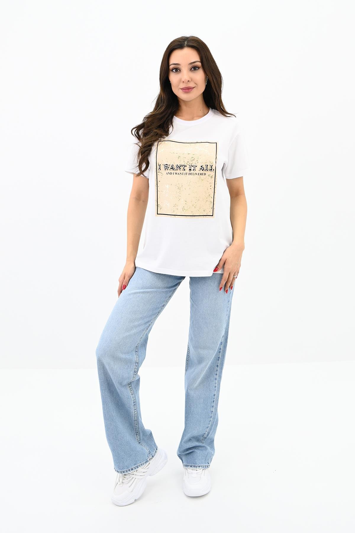 Kadın Gold Taş Baskılı T-shirt 1730-24