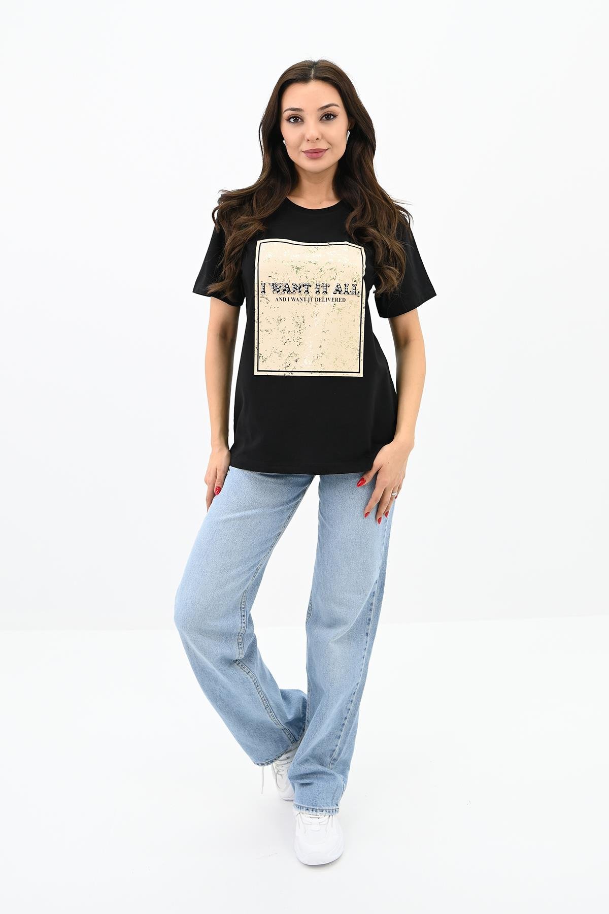 Kadın Gold Taş Baskılı T-shirt 1730-24
