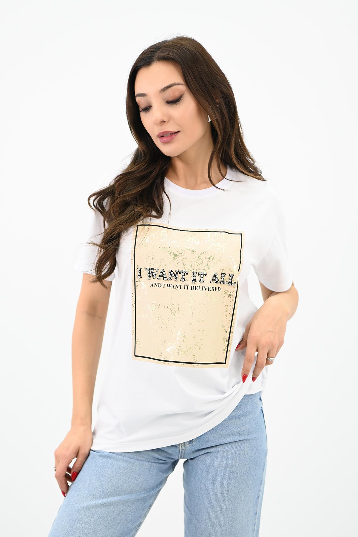 Kadın Gold Taş Baskılı T-shirt 1730-24