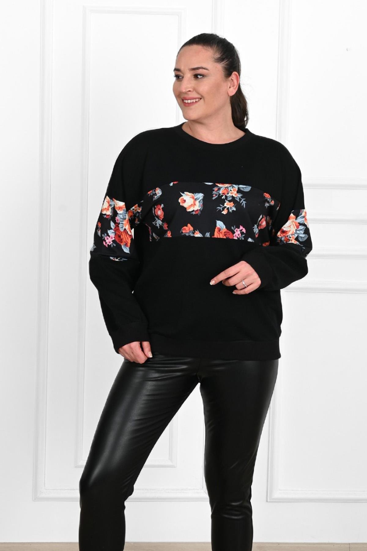 Kadın Gül Baskı Detaylı Büyük Beden Sweat 1409-23