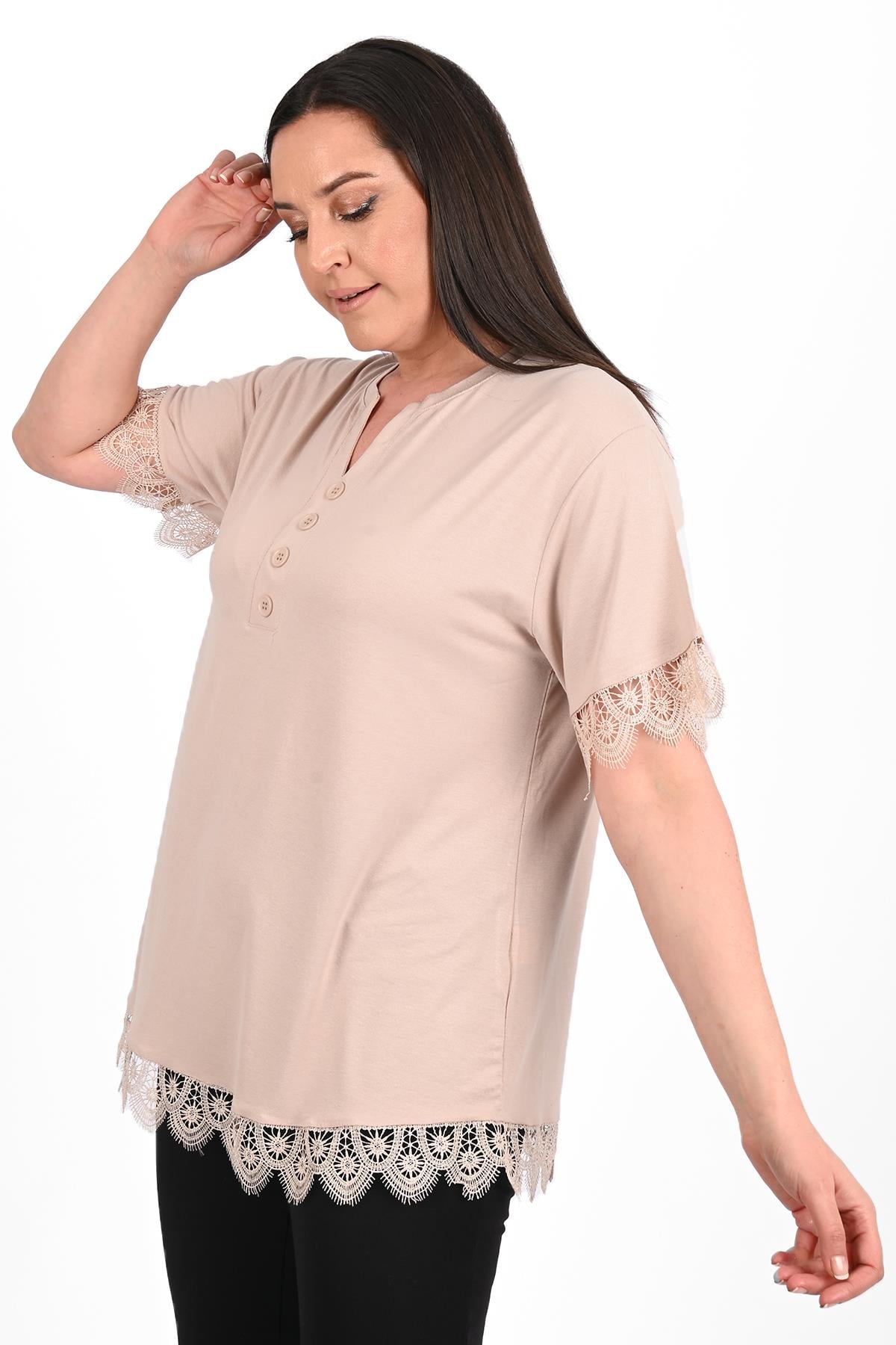 Kadın Güpür Dantel Detaylı Büyük Beden Bluz 1448-23