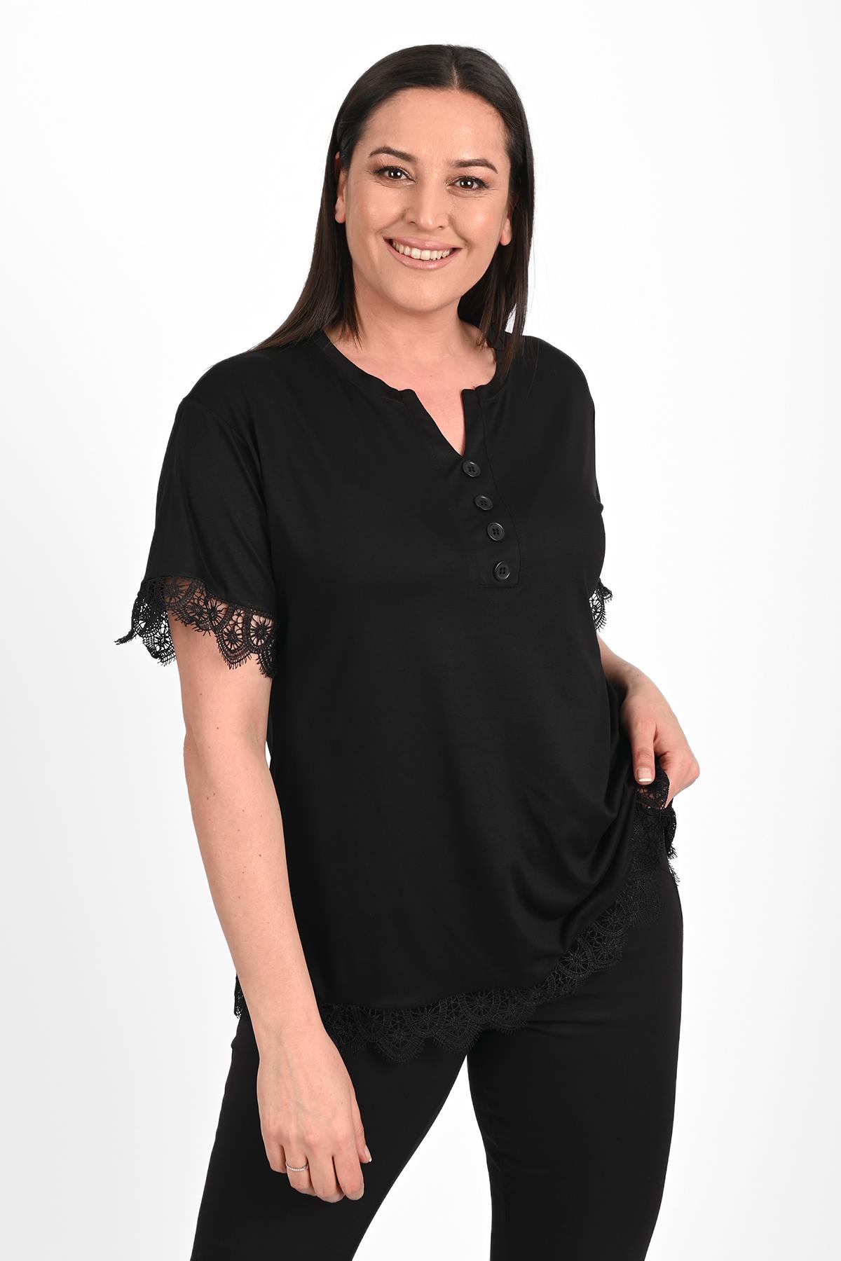 Kadın Güpür Dantel Detaylı Büyük Beden Bluz 1448-23