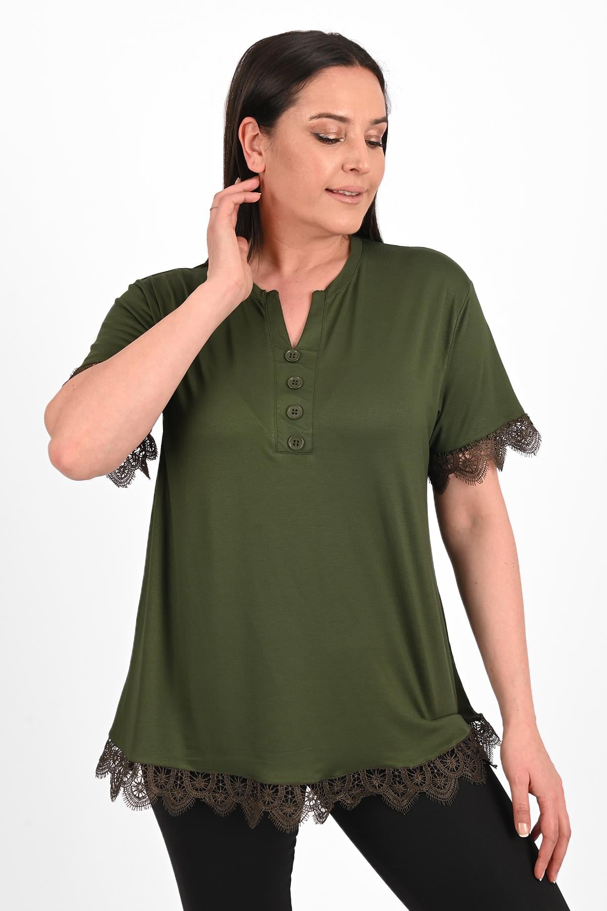 Kadın Güpür Dantel Detaylı Büyük Beden Bluz 1448-23