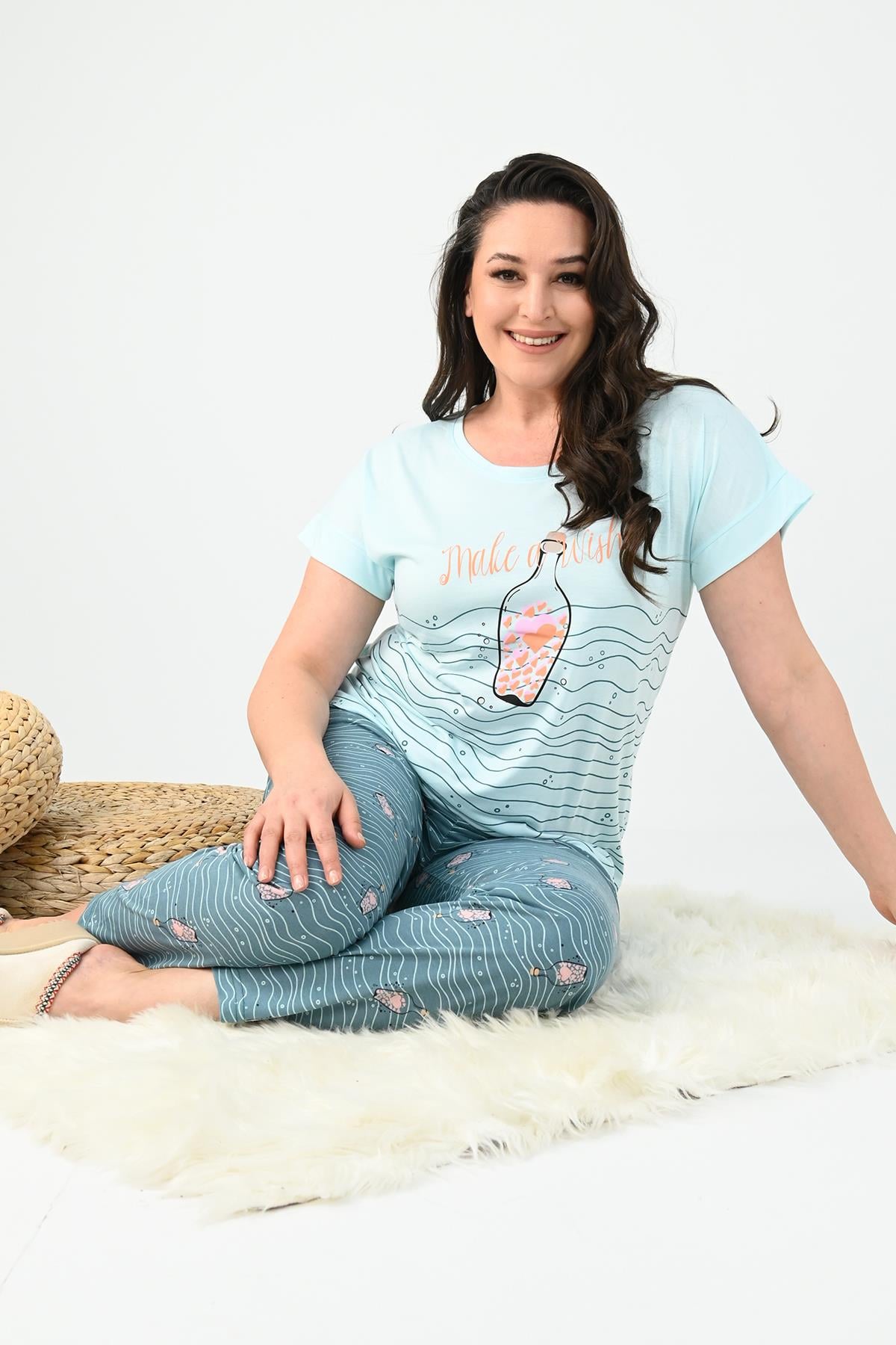 Kadın Kısa Kollu Baskılı Büyük Beden (Battal)  Pijama Takımı 0001-25 32414