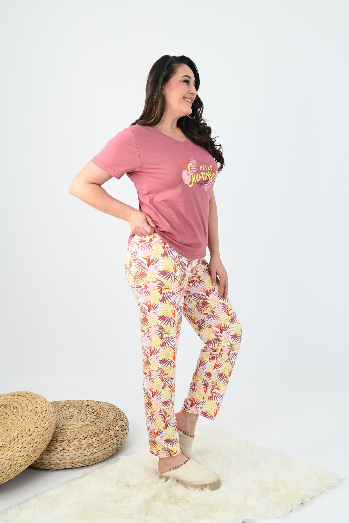 Kadın Kısa Kollu Baskılı Büyük Beden (Battal) Pijama Takımı 0004-25 32364-32264