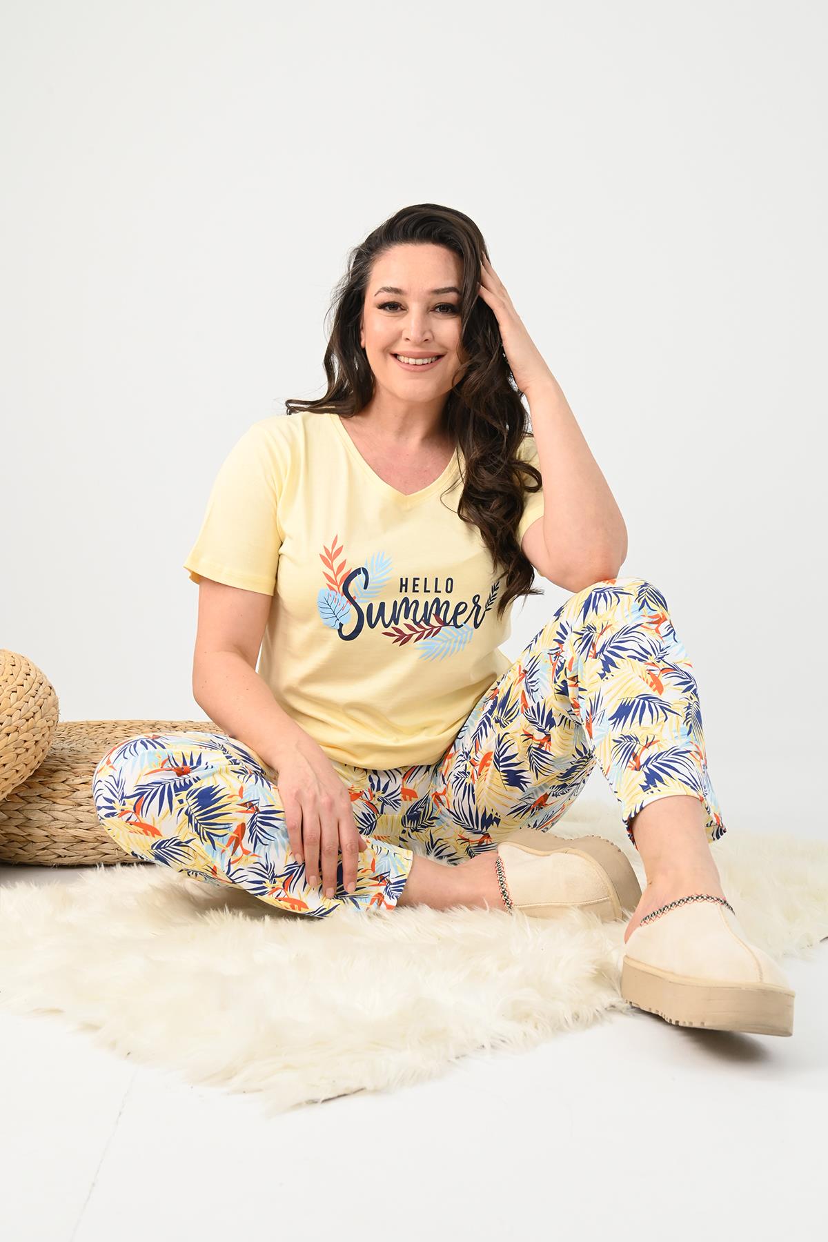 Kadın Kısa Kollu Baskılı Büyük Beden (Battal) Pijama Takımı 0004-25 32364-32264