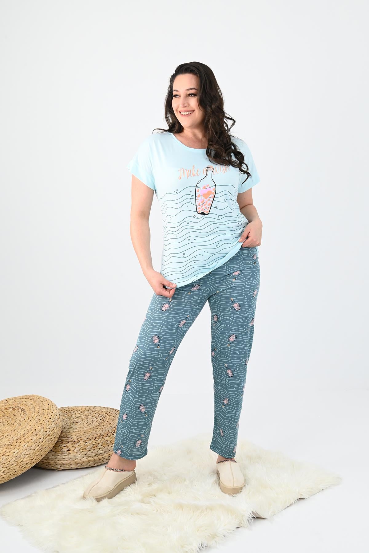 Kadın Kısa Kollu Baskılı Büyük Beden (Battal)  Pijama Takımı 0001-25 32414