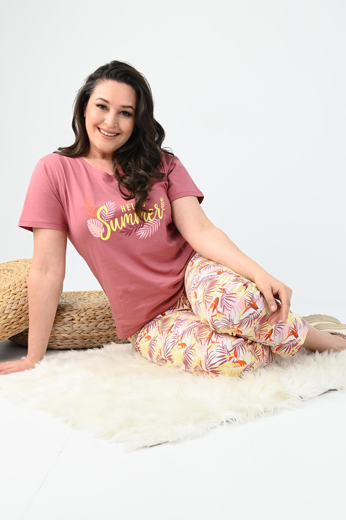 Kadın Kısa Kollu Baskılı Büyük Beden (Battal) Pijama Takımı 0004-25 32364-32264