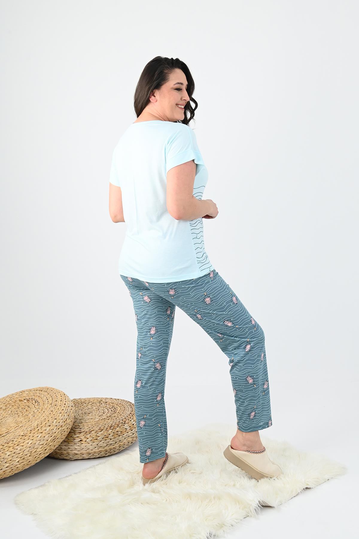 Kadın Kısa Kollu Baskılı Büyük Beden (Battal)  Pijama Takımı 0001-25 32414