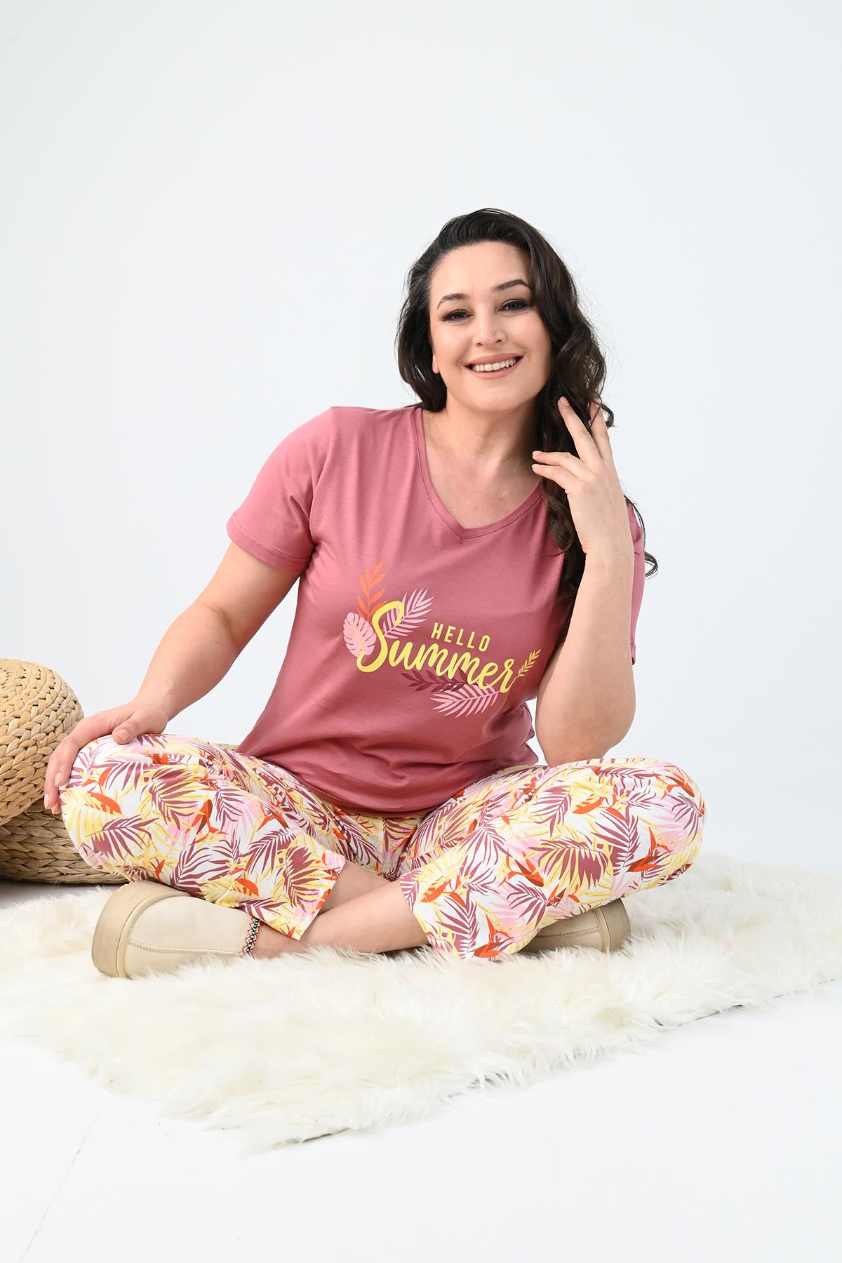 Kadın Kısa Kollu Baskılı Büyük Beden (Battal) Pijama Takımı 0004-25 32364-32264