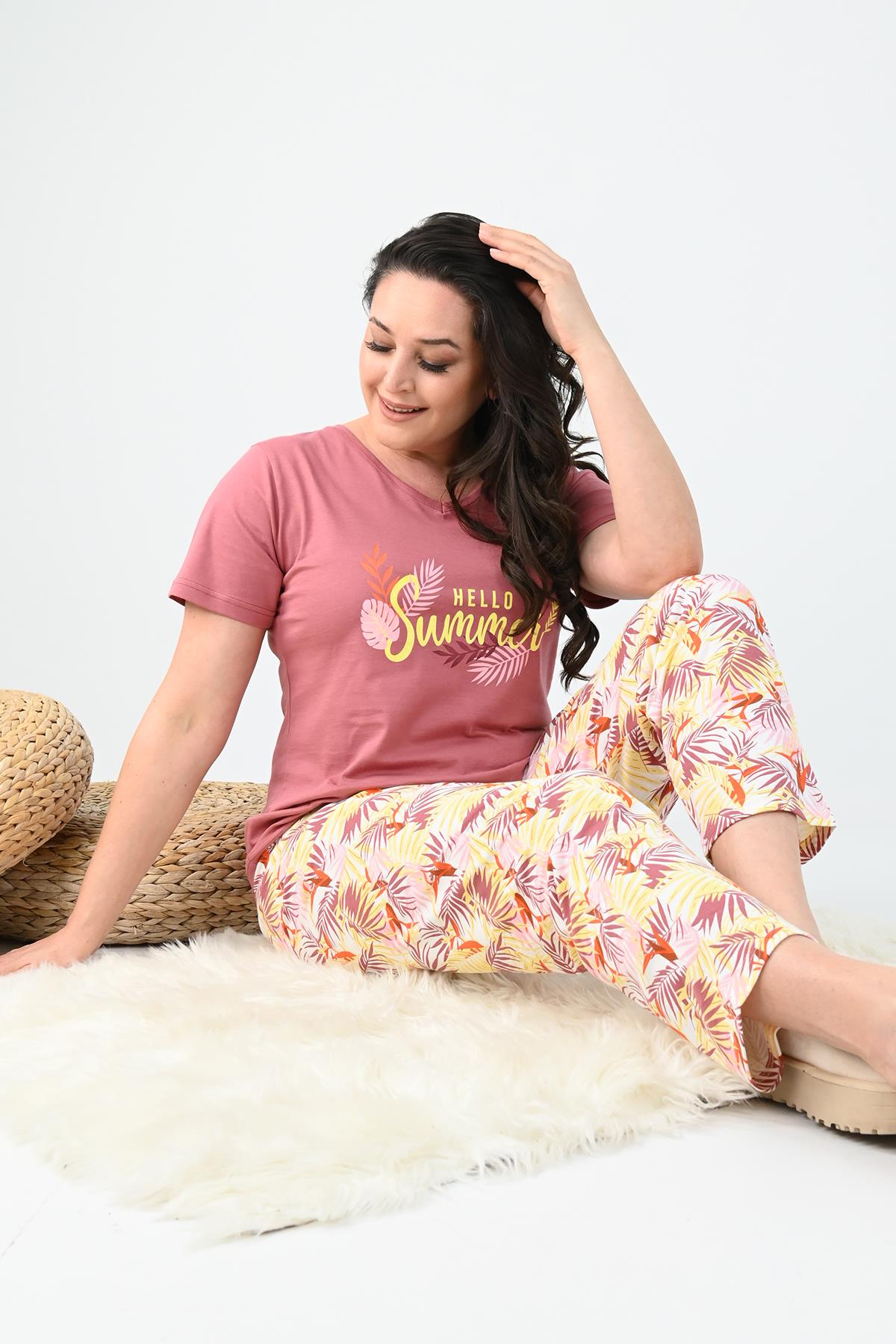 Kadın Kısa Kollu Baskılı Büyük Beden (Battal) Pijama Takımı 0004-25 32364-32264