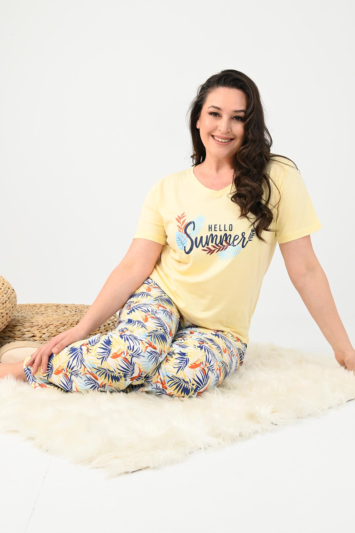 Kadın Kısa Kollu Baskılı Büyük Beden (Battal) Pijama Takımı 0004-25 32364-32264