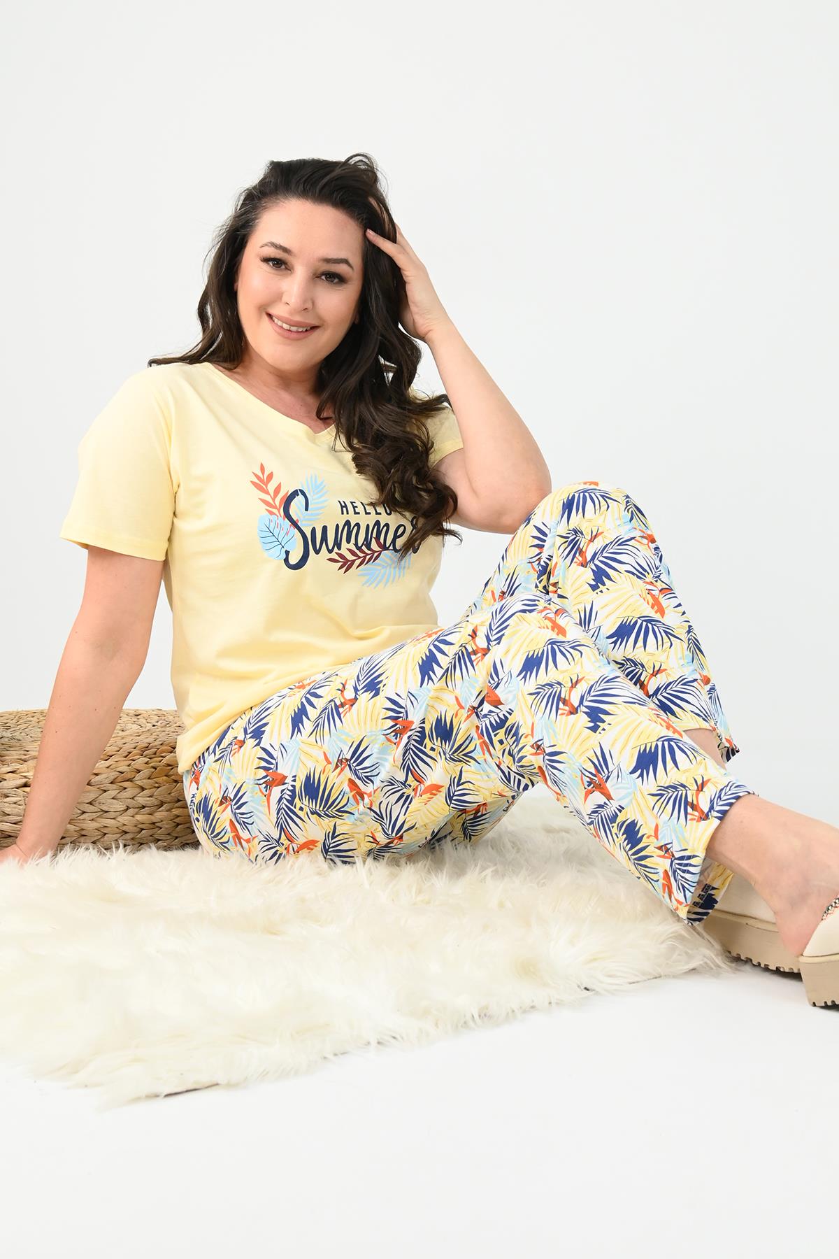 Kadın Kısa Kollu Baskılı Büyük Beden (Battal) Pijama Takımı 0004-25 32364-32264