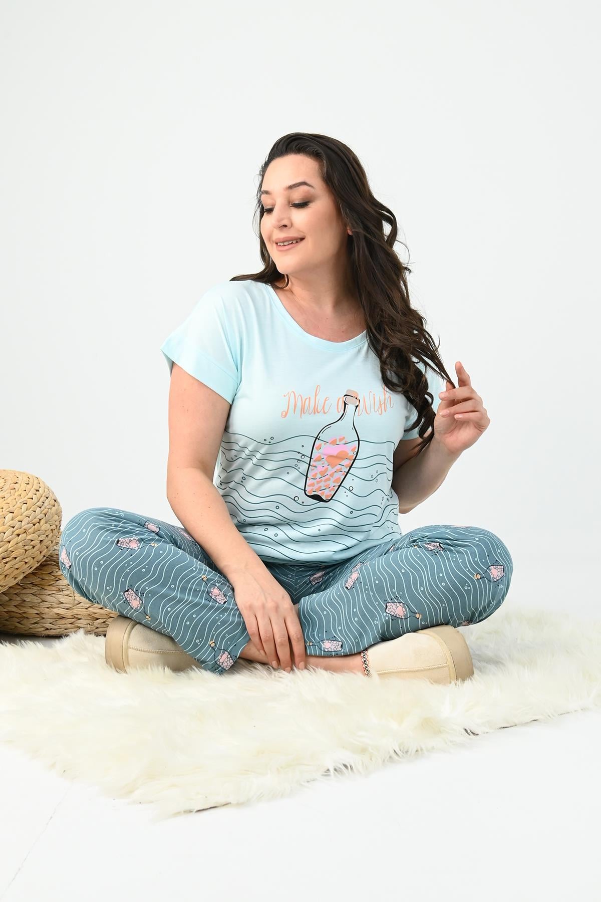 Kadın Kısa Kollu Baskılı Büyük Beden (Battal)  Pijama Takımı 0001-25 32414