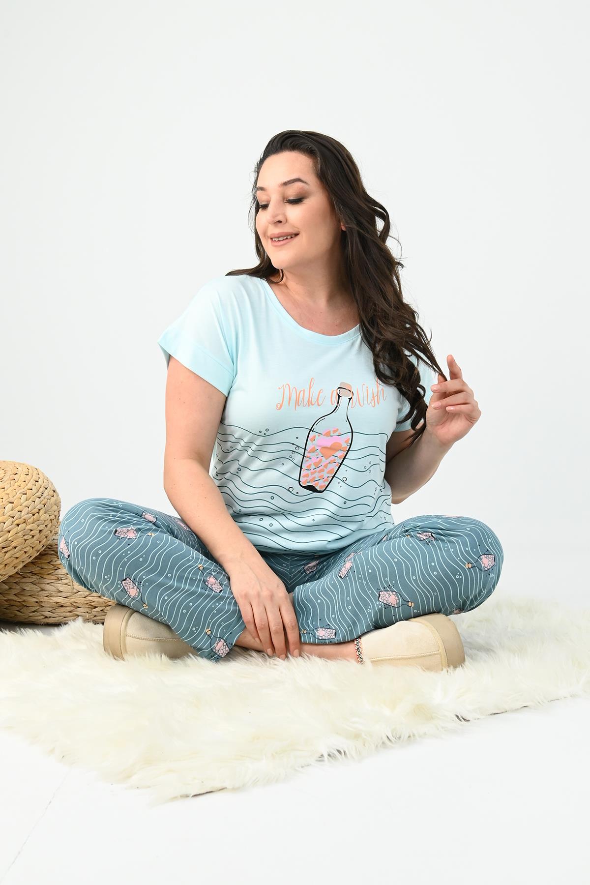 Kadın Kısa Kollu Baskılı Büyük Beden (Battal)  Pijama Takımı 0001-25 32414