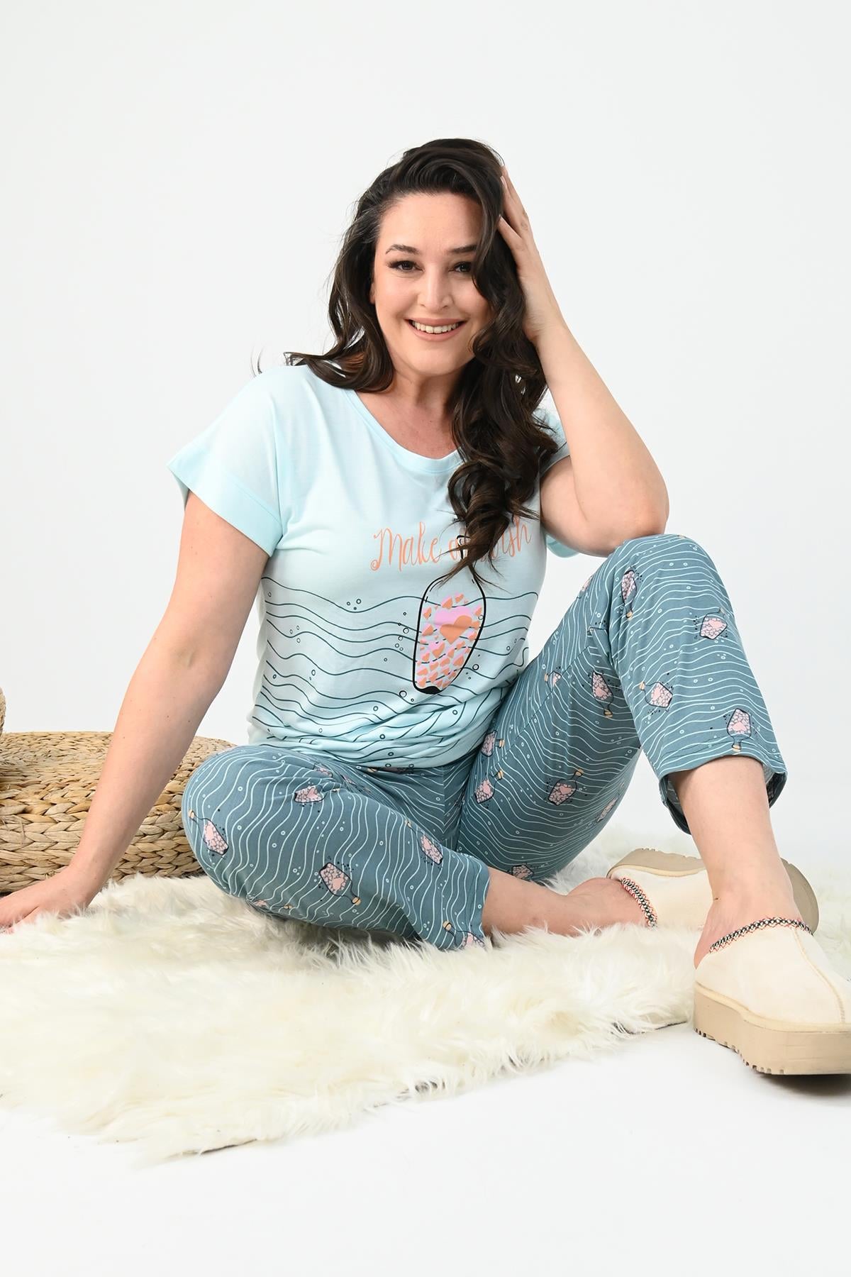 Kadın Kısa Kollu Baskılı Büyük Beden (Battal)  Pijama Takımı 0001-25 32414