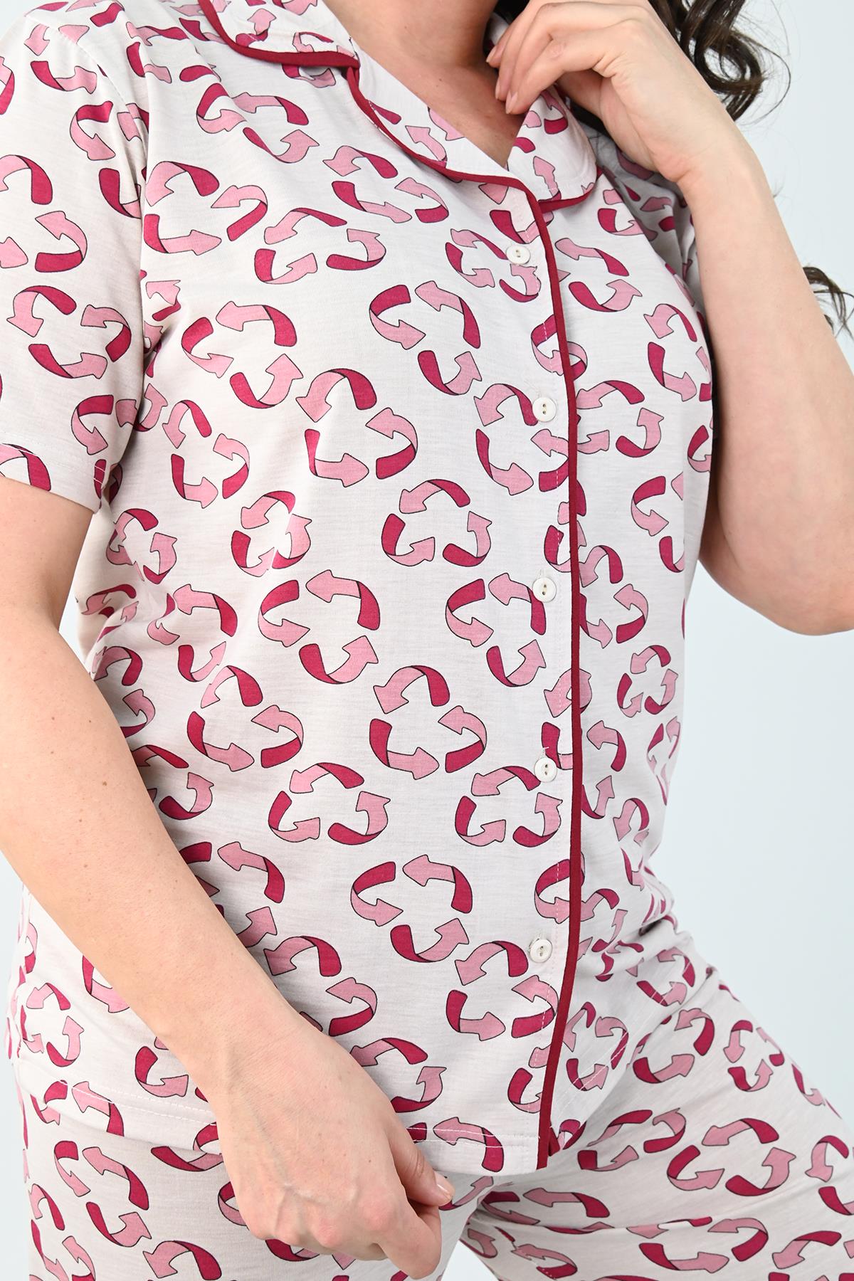 Kadın Kısa Kollu Önden Düğmeli Büyük Beden (Battal) Pijama Takımı 0005-25 32364-32264